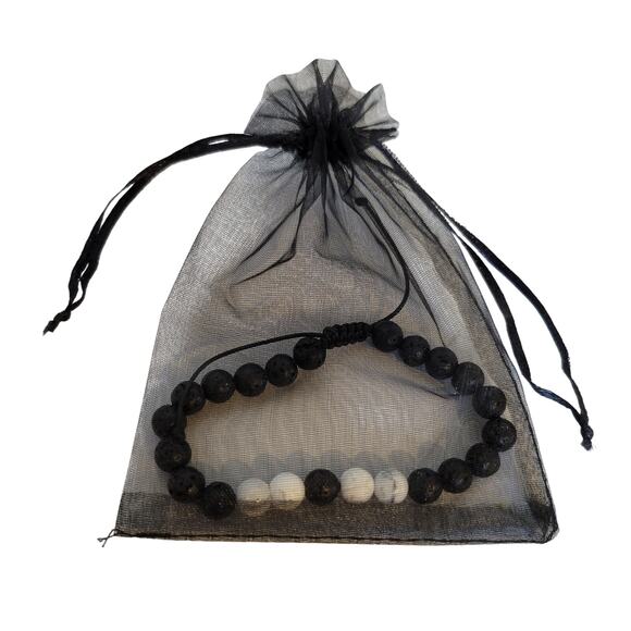 Lava Rock Howlite Bead Bracelet 7-9" Adjustable Unisex Black White, Gift Bag - Picture 12 of 12